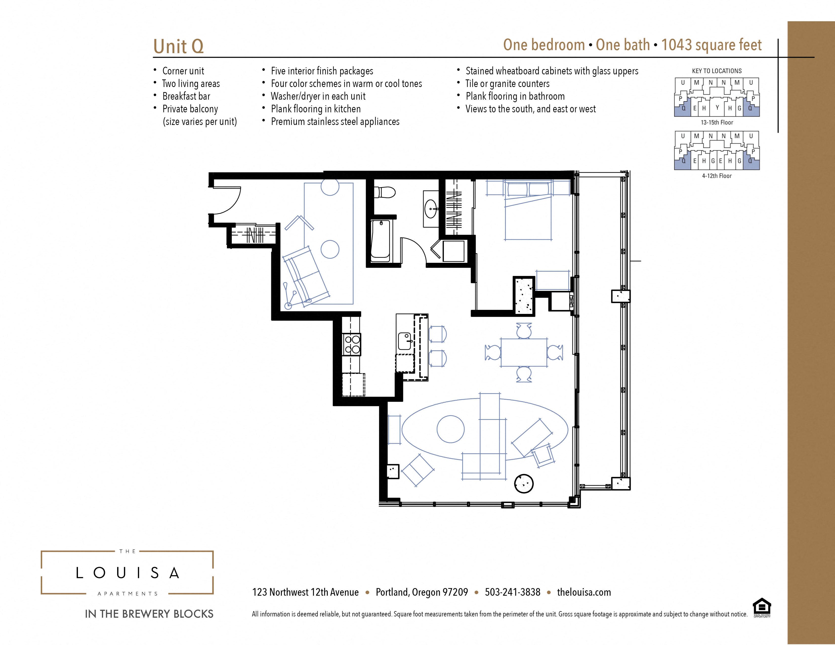 1 Bed 1 Bath (Q) Floor Plan 1 Bed 1 Bath (Q) Floor Plan at The Louisa Apartments in Portland, Oregon